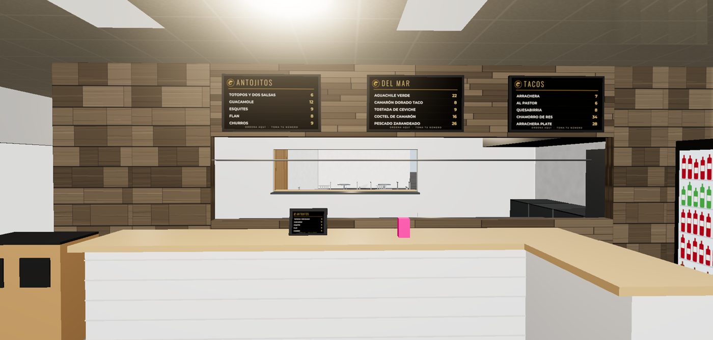 3D concept of the ordering counter with menu boards and kitchen pass-through