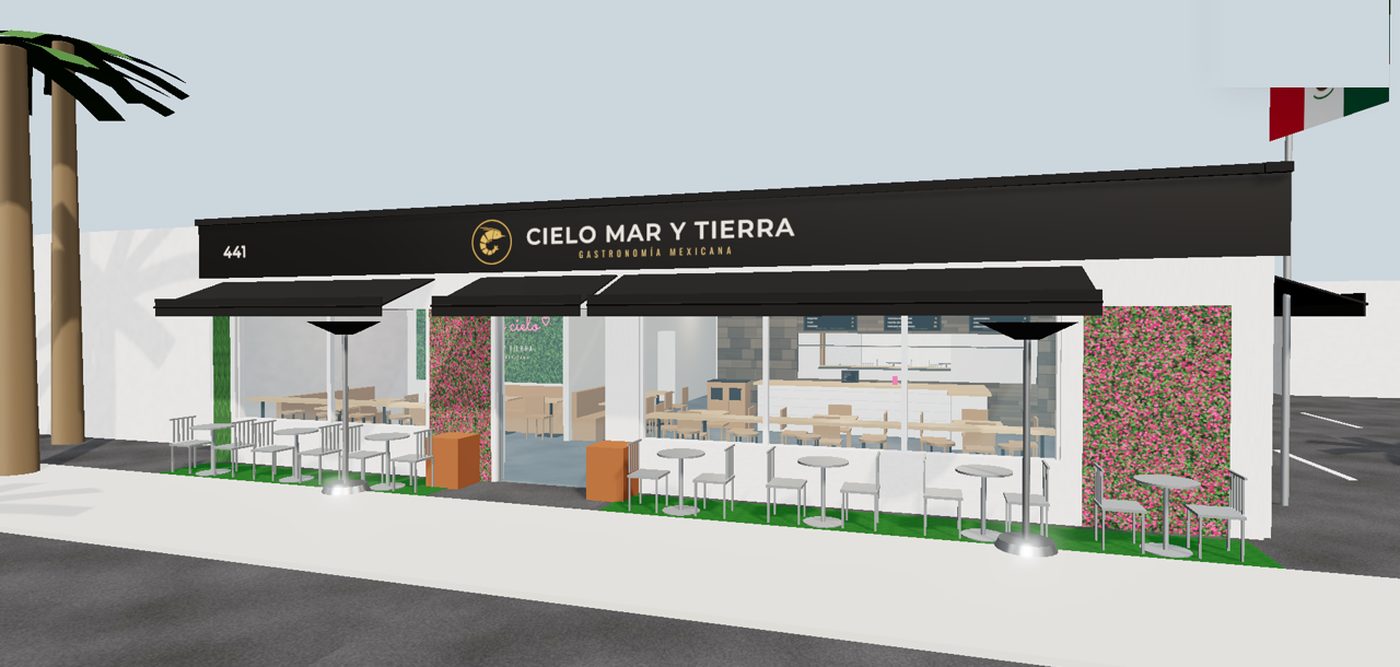 Street-level 3D view of the storefront with outdoor tables and floral wall panels
