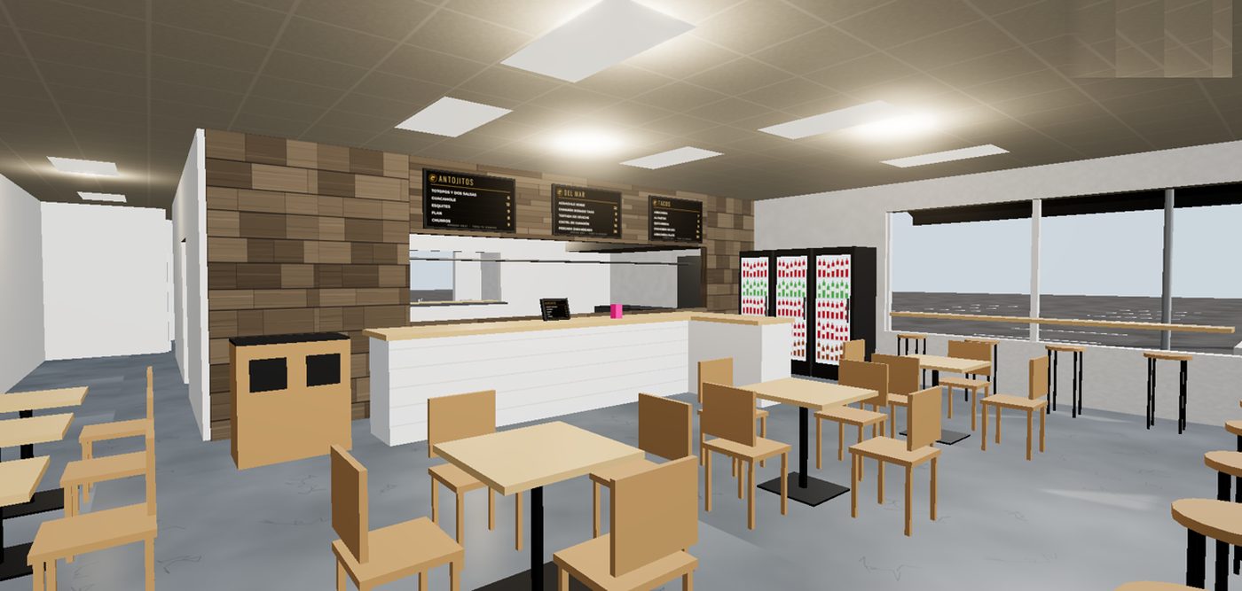 3D concept of the dining room with light-wood tables and the service counter