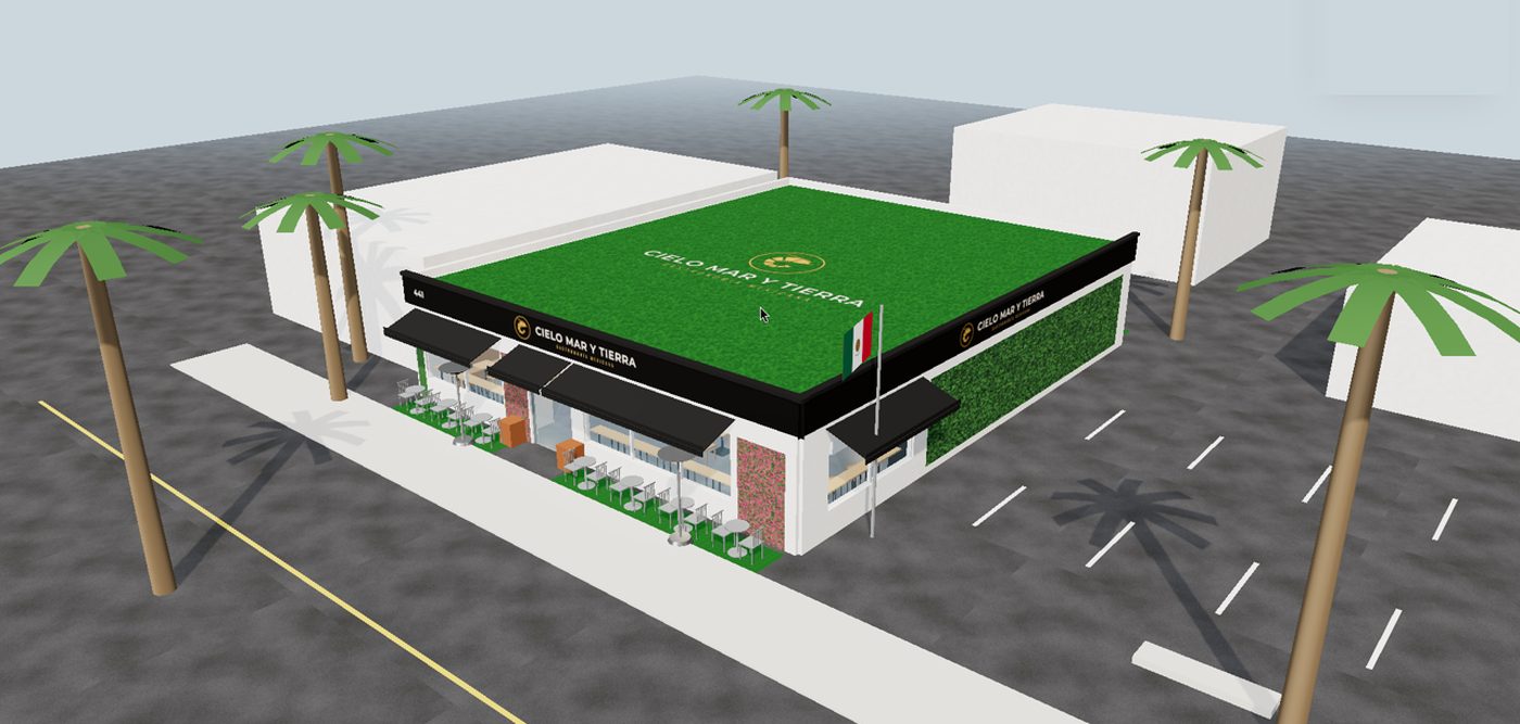 3D concept of the Cielo Mar y Tierra façade with green turf roof, black awnings and sidewalk seating