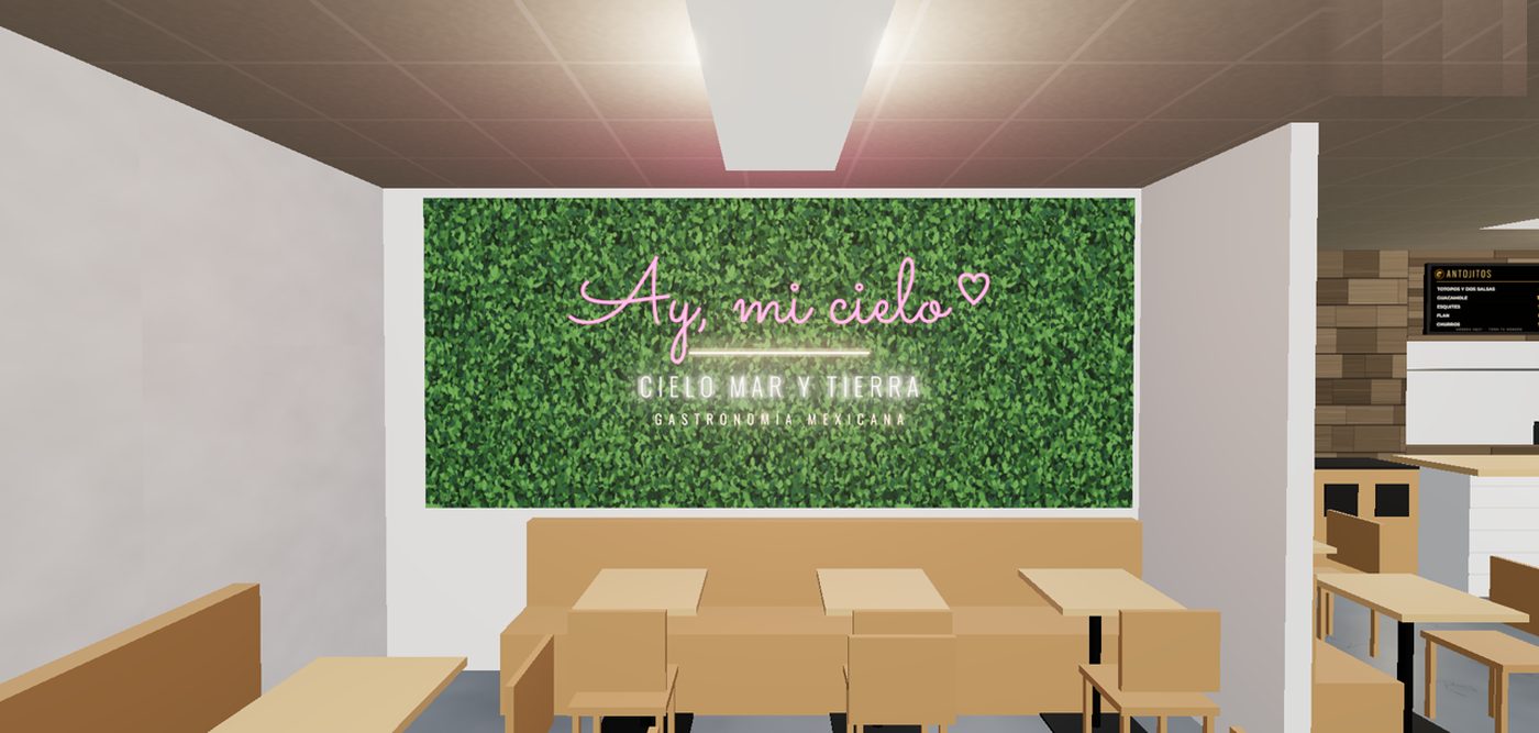 3D concept of the green living wall with pink Ay mi cielo neon sign