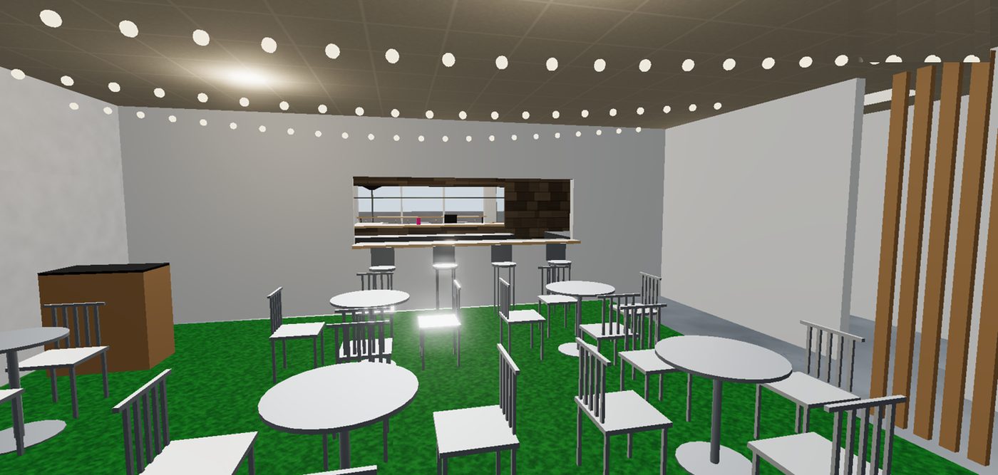 3D concept of the turf patio with white bistro tables and string lights