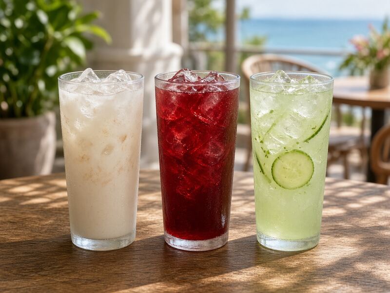 Three aguas frescas horchata jamaica cucumber-lime
