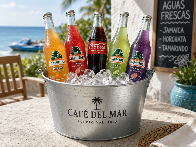 Mexican soft drinks Jarritos and Coke in ice