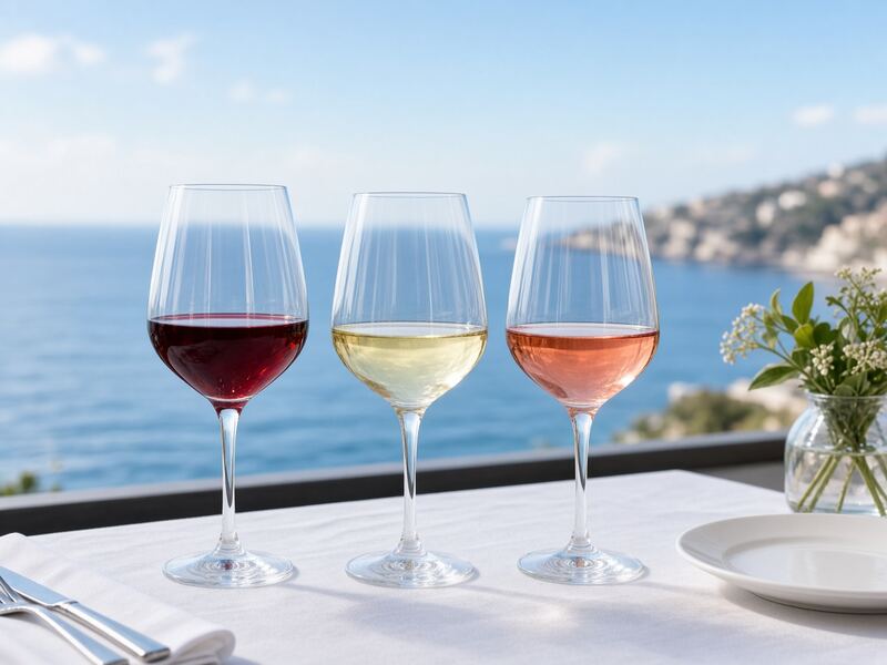 Three wine glasses red white rose