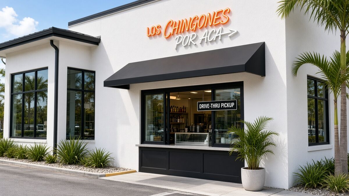 Drive-thru window with LED sign LOS CHINGONES POR ACA