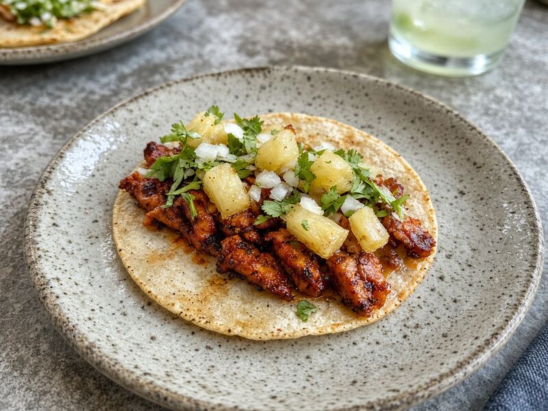 Single al pastor taco with pineapple