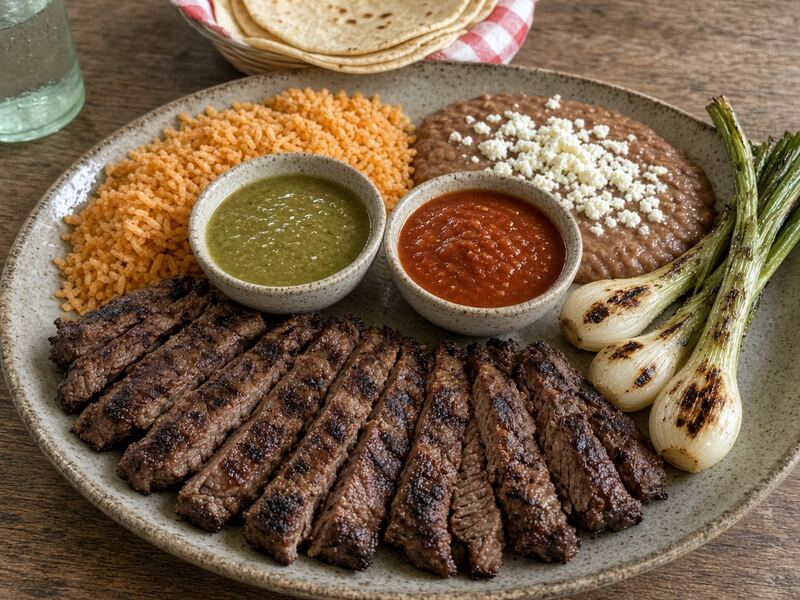 Arrachera plate with rice beans salsas