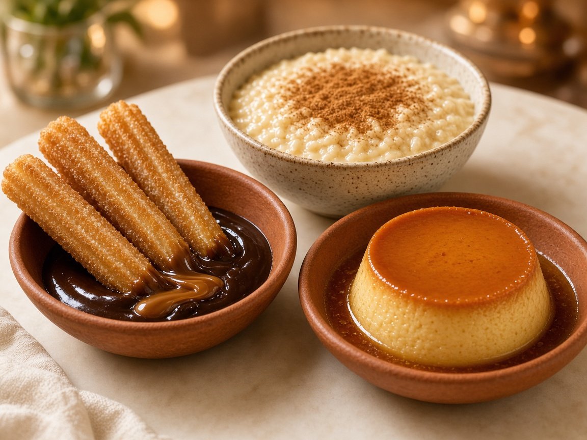 Churros, flan, arroz con leche