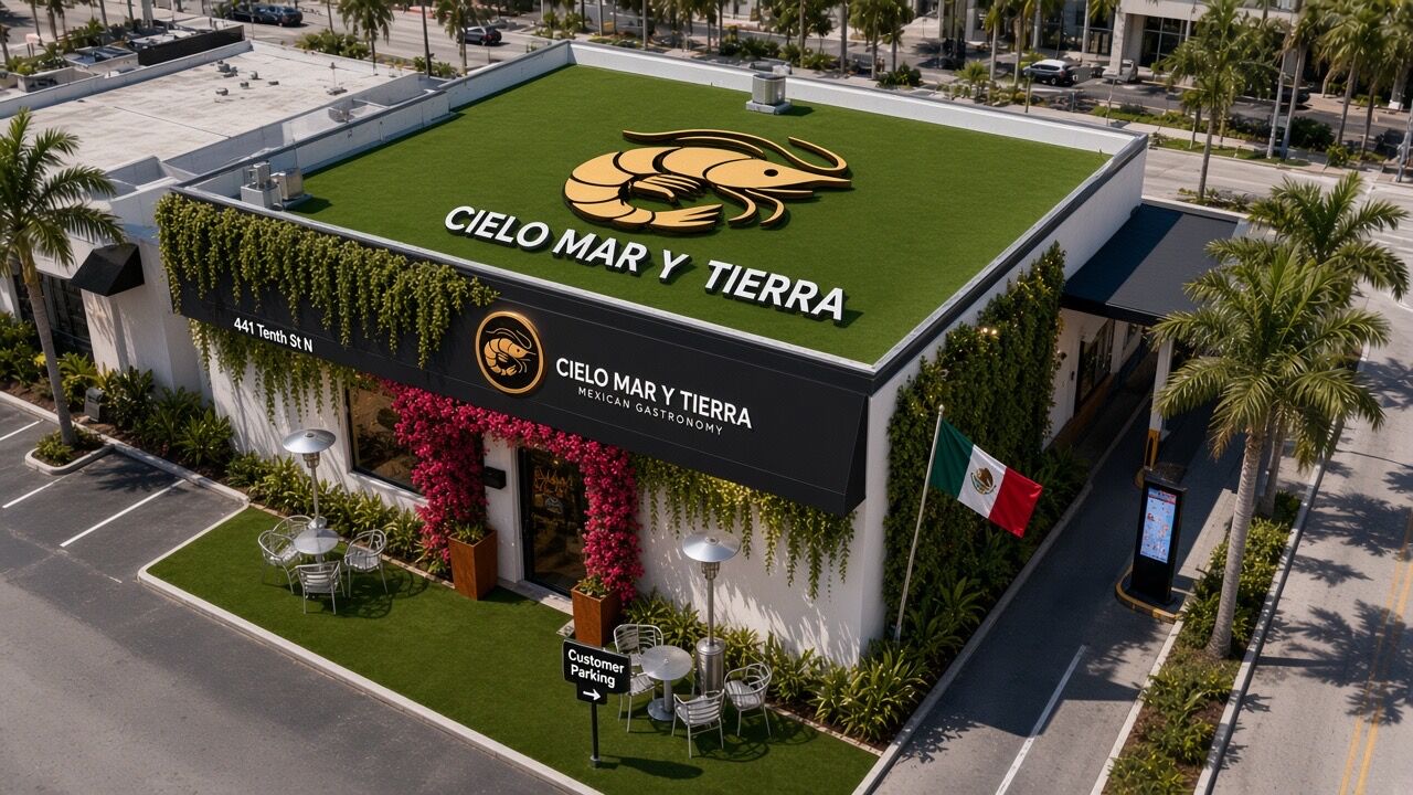 Aerial day turf roof with shrimp logo