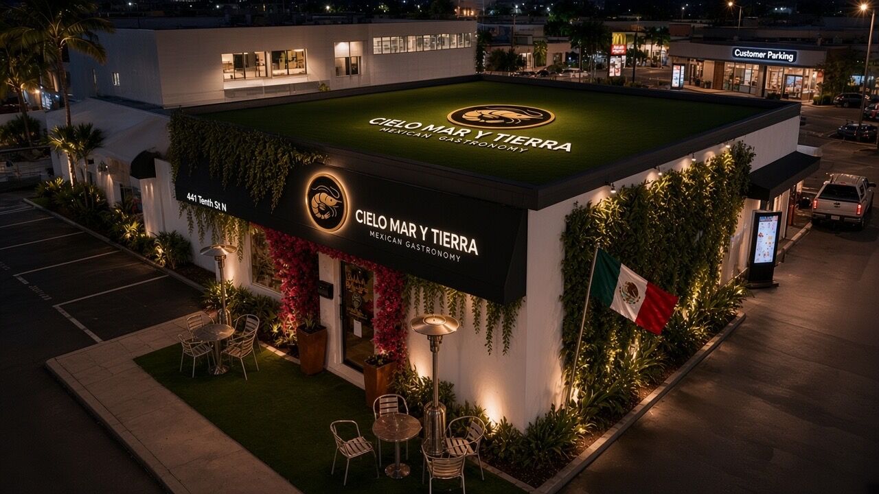 Aerial night turf roof with shrimp logo