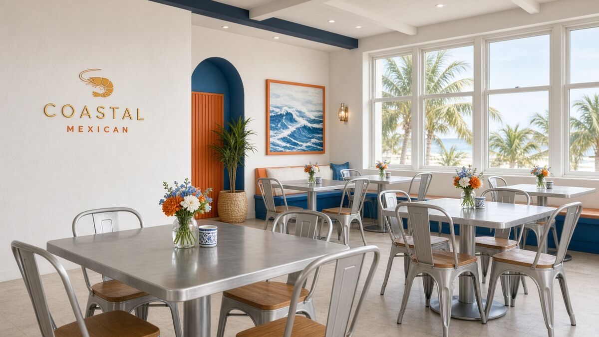 Clean aluminum cafe tables with flower vases in bright coastal dining room