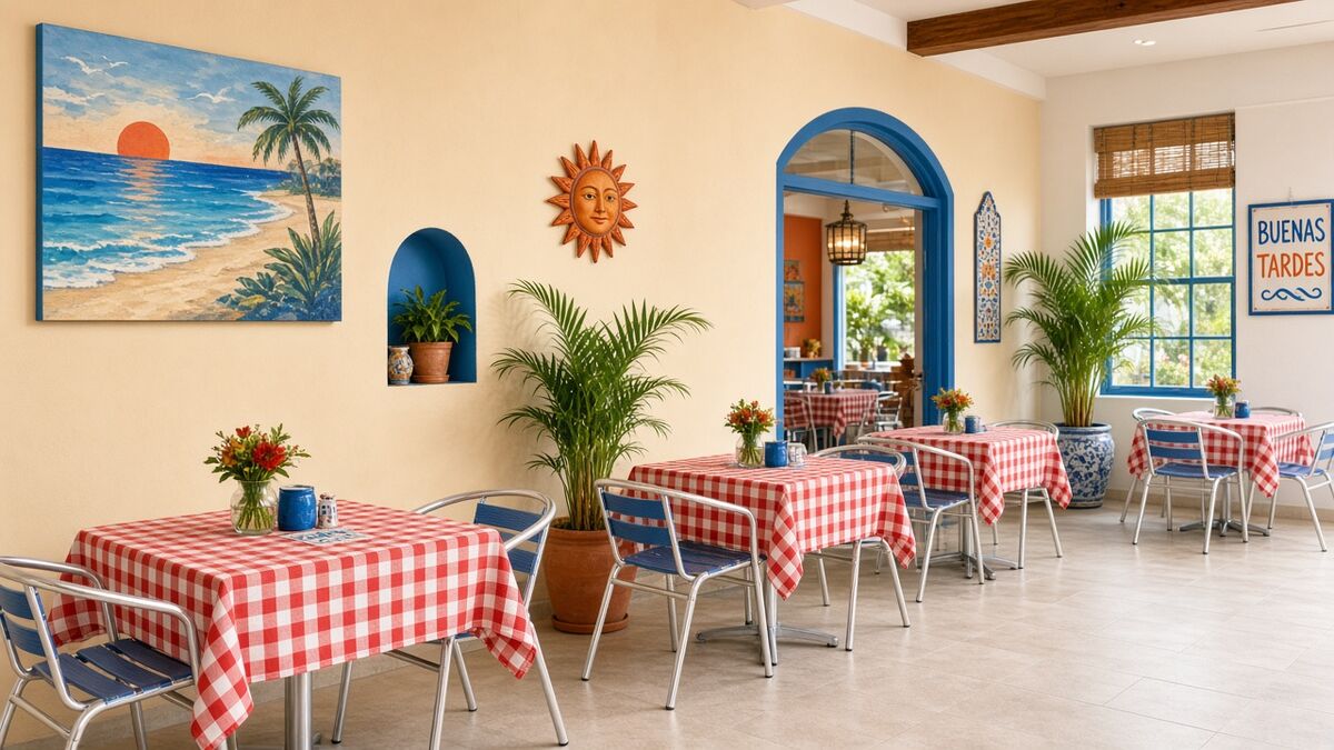 Dining room with red and white checkered tablecloths and flowers