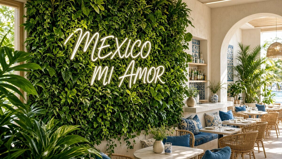 Living green wall with LED sign reading MEXICO MI AMOR