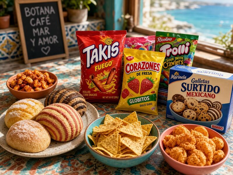 Mexican botana snack spread with pan dulce and packaged snacks